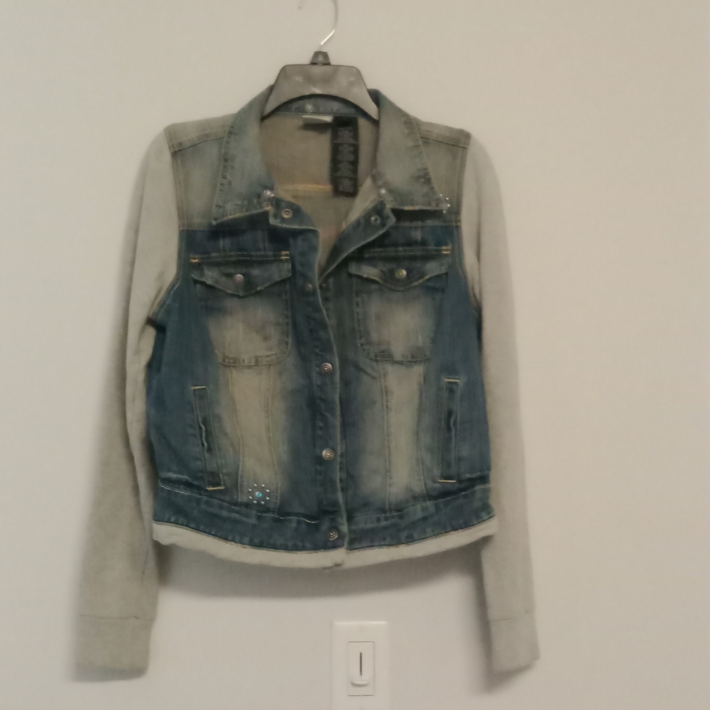 Harley-Davidson jean jacket with sweatshirt sleeves and detachable hoodie.
